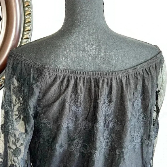 HALO Women’s Black Lace Fringe Sheer Floral Lined Boho 3/4 Sleeve Top Medium - Picture 10 of 16